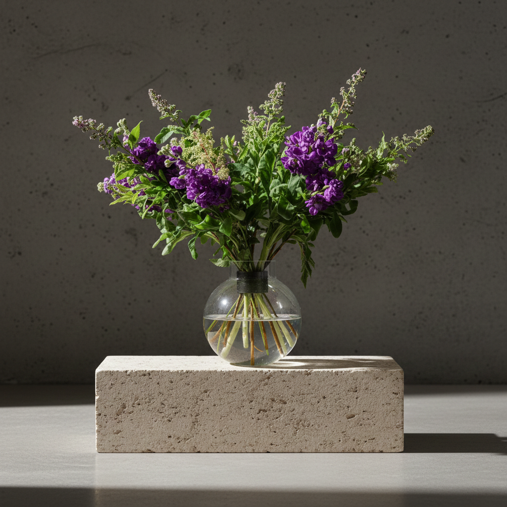 Clear glass vase with purple flowers inside a bouquet twister hanataba pitch black flower holder on a stone block against a dark background