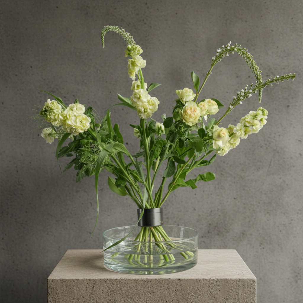 Bouquet of light-colored flowers inside a pitch black hanataba bouquet twister flower holder in a clear vase on a gray surface