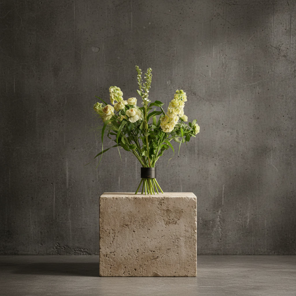 Bouquet of flowers inside a hanataba bouquet twister pitch black flower twister holder standing on a concrete block against a dark gray wall