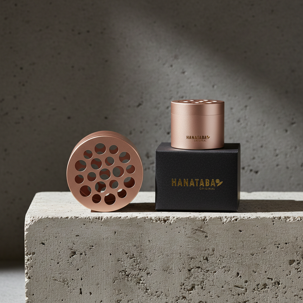 2 rose gold metal Hanataba bouquet flower twister made for creating beutiful bouquets at home without experience and black box with 'HANATABA' branding on a concrete surface.