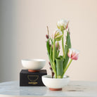 Floral arrangement in a white ceramic kenzan 'kobachi' bowl on a marble surface with a neutral background