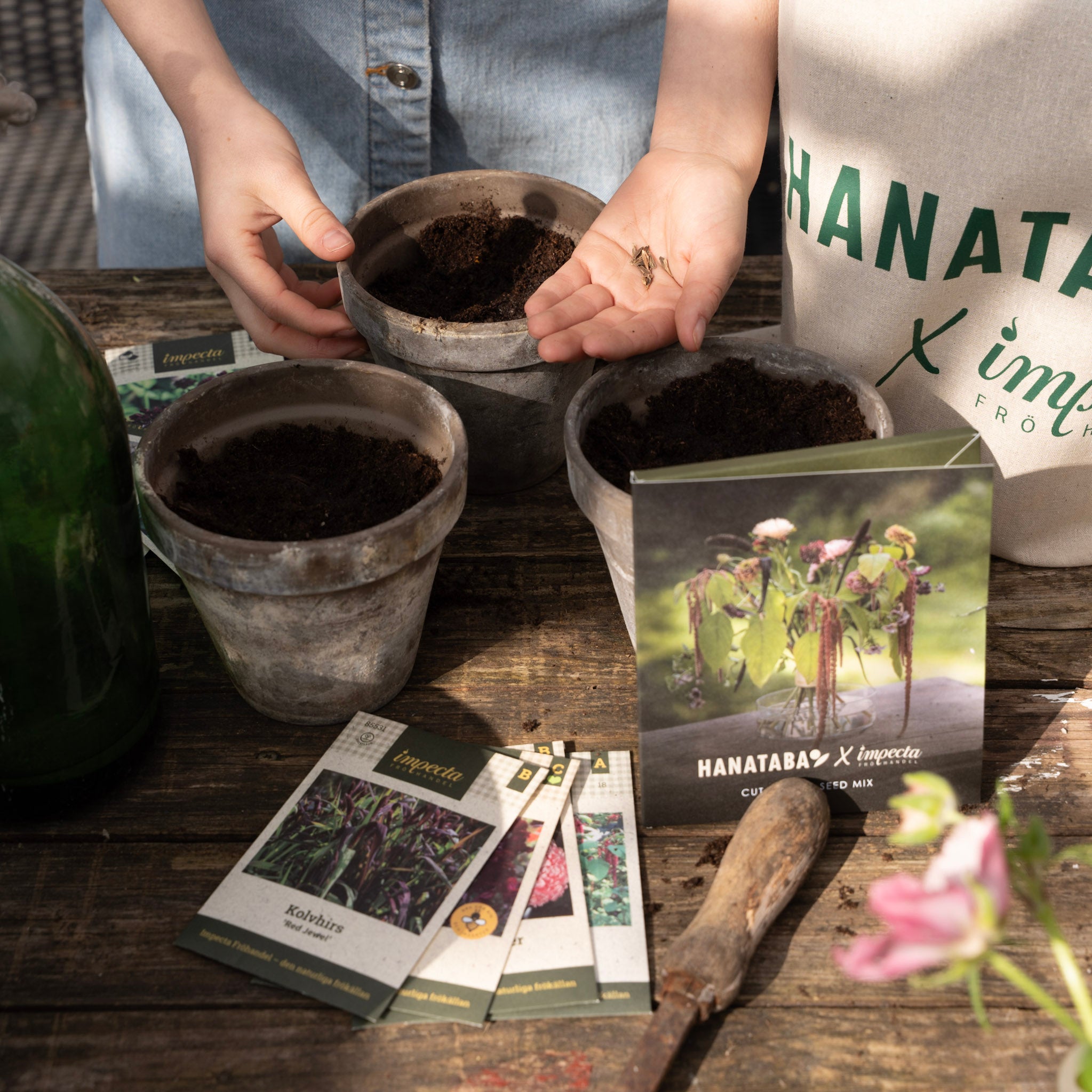 Person planting seeds with gardening tools and seed packets on a wooden table