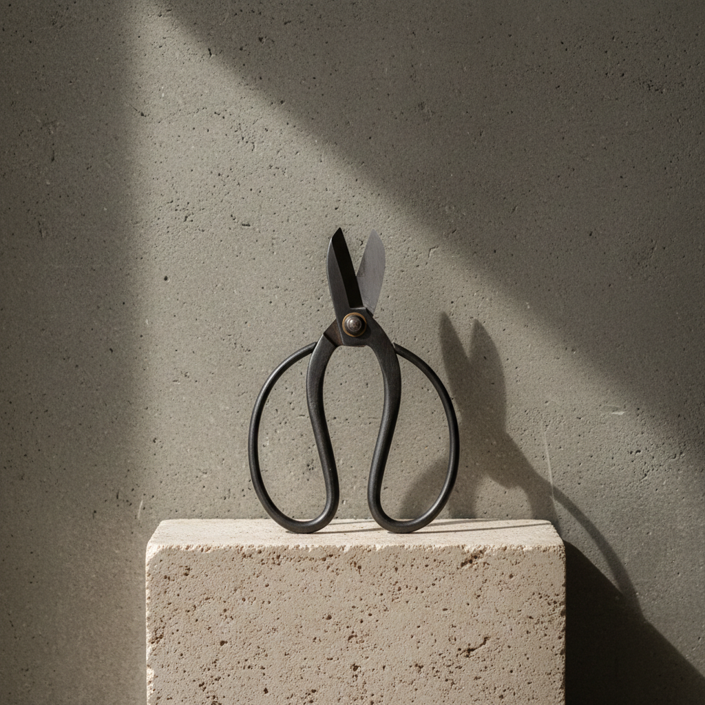 Black japanese scissors for cutting flower stems on a concrete block against a gray wall