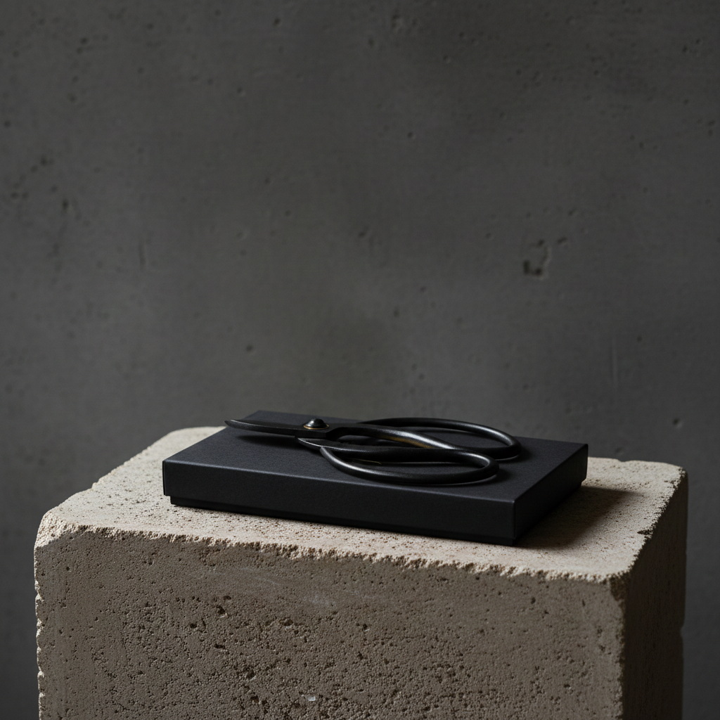 Black hanataba japanese scissor on a concrete block with a dark background