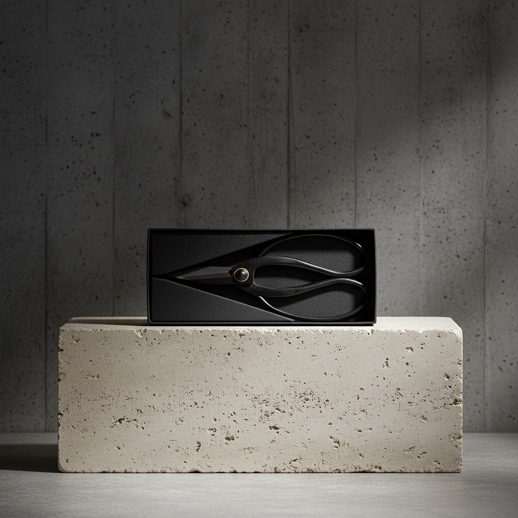 Black rectangular box with a unique japanese scissor design on a concrete block against a gray wall.