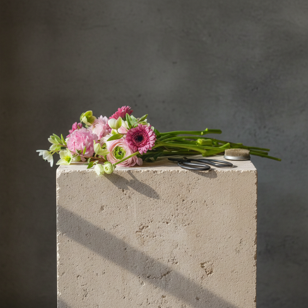 Bouquet of pink flowers with a hanataba japanese scissor and kenzan 70 mm on a concrete block with a dark background