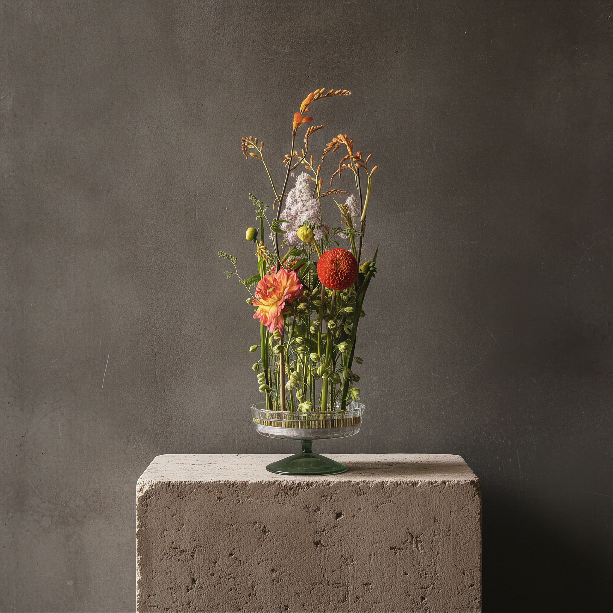 A floral arrangement inside a Hanataba Kenzan flower frog pin holder 120 mm ring in a clear glass pedestal vase with a green stem, displayed on a rough stone block against a dark textured gray wall.