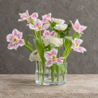 A flower arrangement with flowers in a clear glass vase, featuring pink and white tulips and white roses, set against a textured gray background.