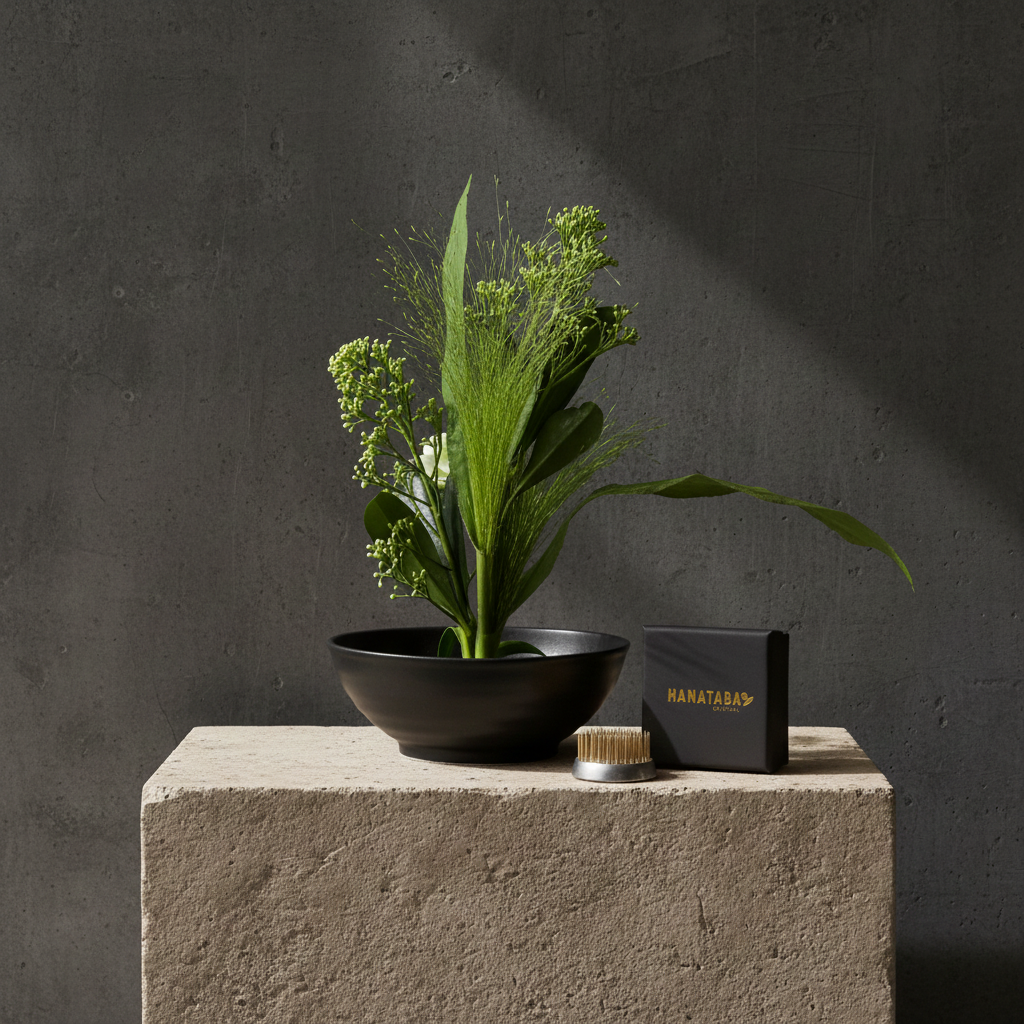 Black bowl with green plant, solid kenzan 34 mm, and black 'HANATABA' box on a concrete block against a dark background