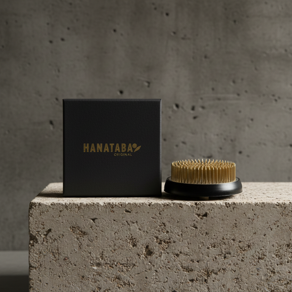 Black box with 'HANATABA' logo and a kenzan 70 mm flower frog on a concrete surface.