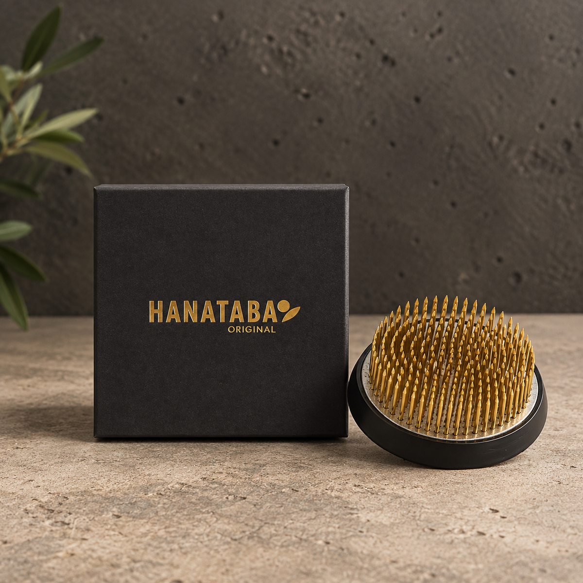 A Hanataba Original Kenzan 70 mm with gold-tipped bristles on a black base, shown next to its black presentation box with gold lettering on a textured stone surface.