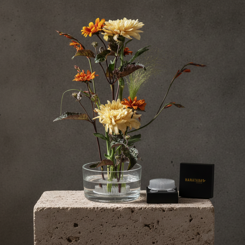 A floral arrangement in a clear glass vase with water, displayed on a stone pedestal next to a black box with gold lettering and a small black container. The flowers include cream chrysanthemums and orange blossoms against a dark gray concrete wall.