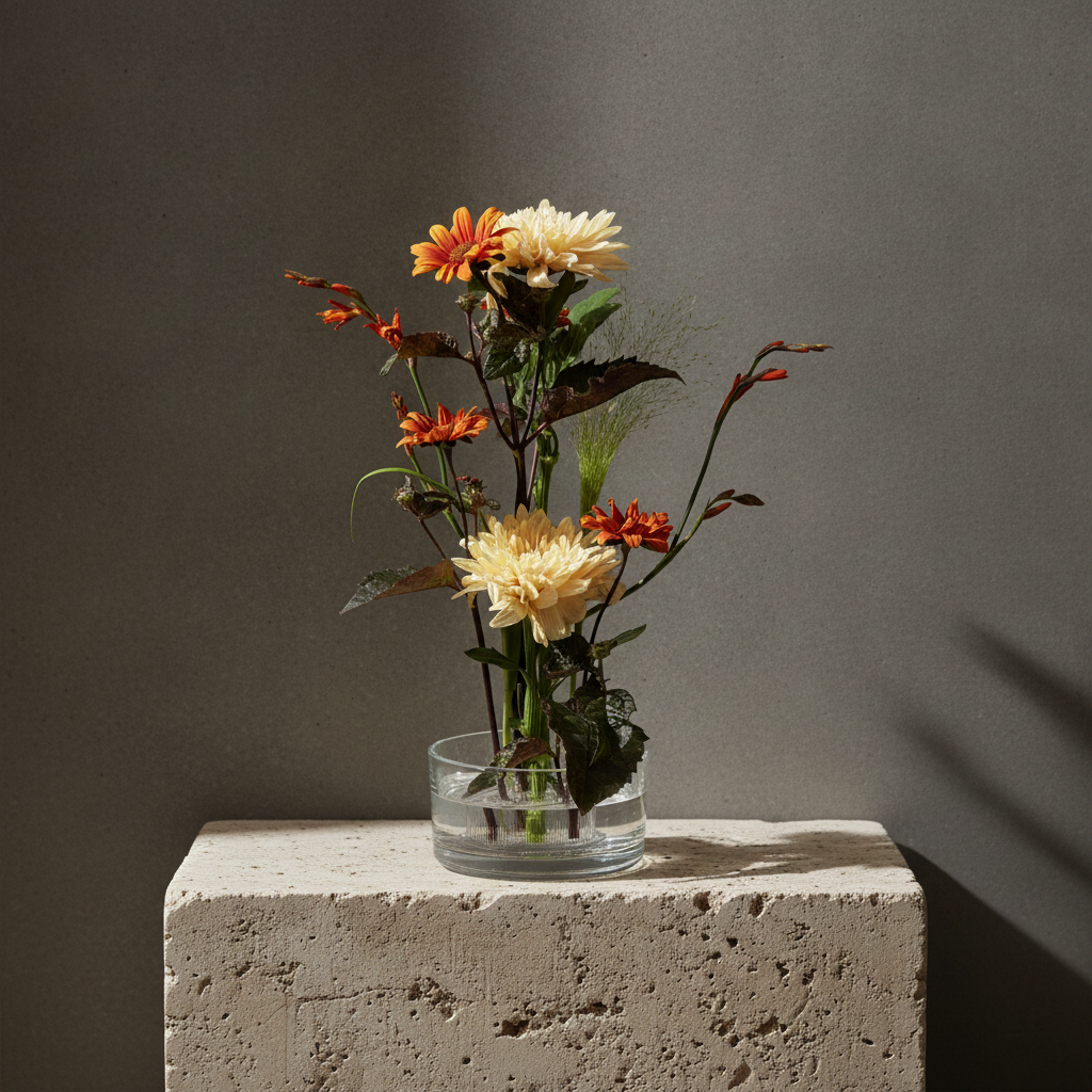 An floral arrangement in a small clear glass vase, placed on a rough rectangular stone pedestal against a dark gray wall. The bouquet includes cream chrysanthemums, orange daisy-like flowers, and dark burgundy stems with green leaves.