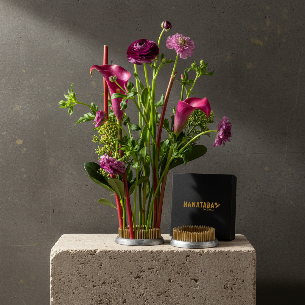 Floral arrangement in a kenzan ring 70 mm next to a black box with 'HANATABA' branding on a concrete surface.