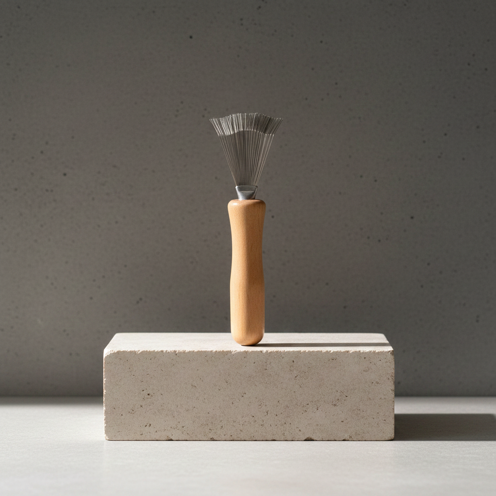 Kenzan rake keeps your kenzans clean and fresh on a concrete block against a gray background