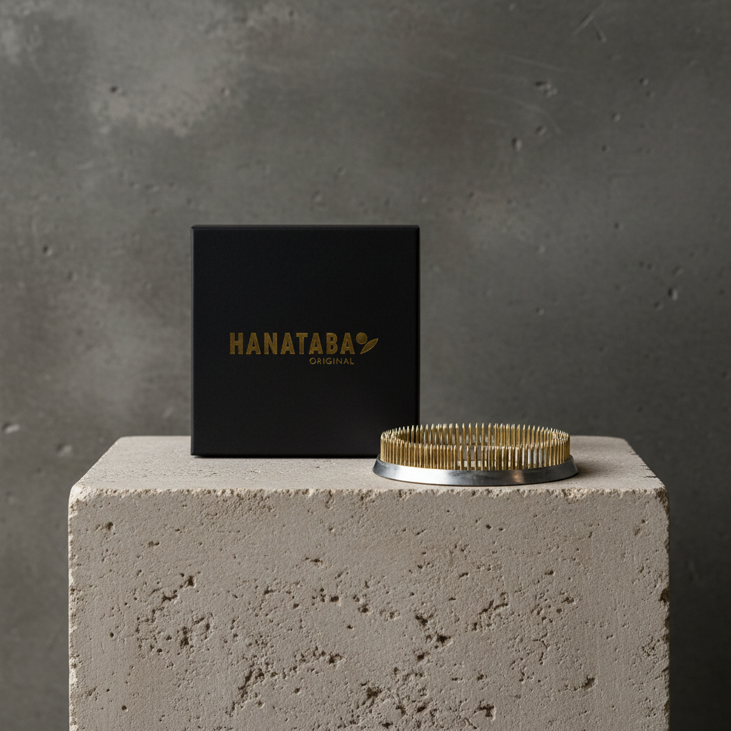 Black box with 'HANATABA' branding and a kenzan ring 120 mm flower frog ring on a concrete block against a gray background