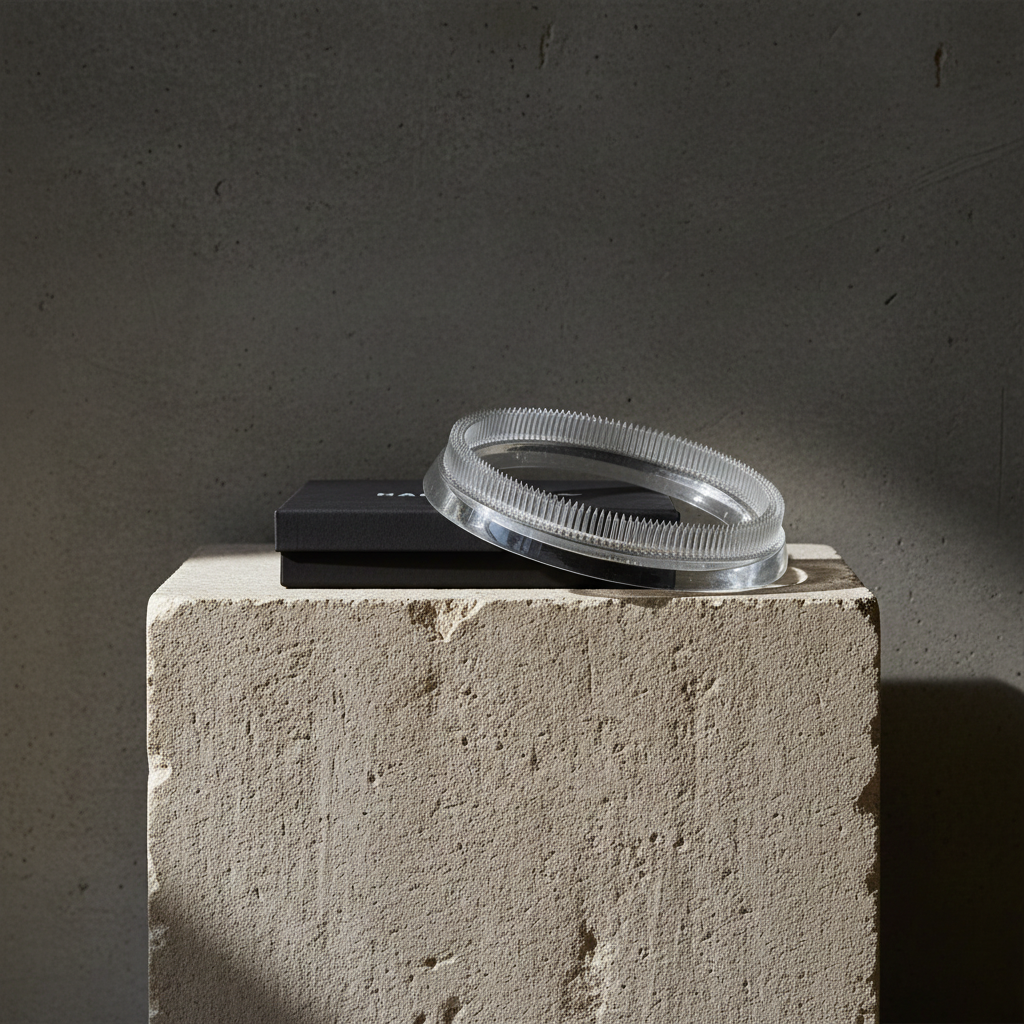 Clear plastic kenzan ring on a black box on a textured stone surface with a dark background
