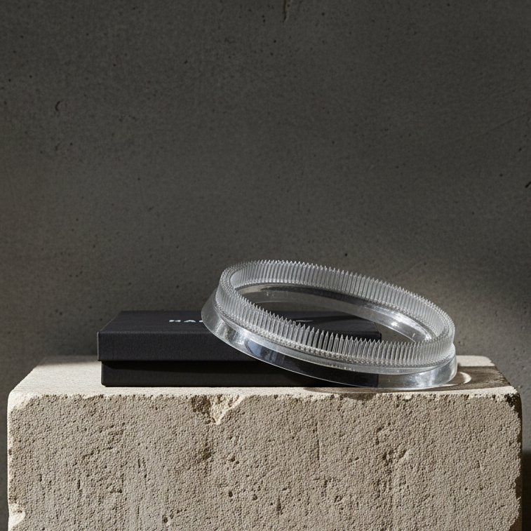 Clear plastic kenzan ring on a black box on a textured stone surface with a dark background