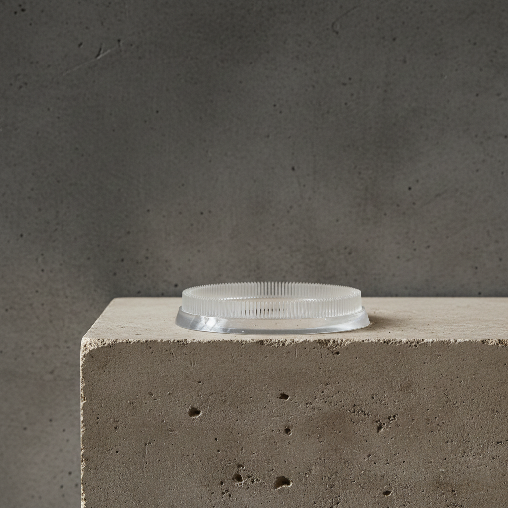 Clear acrylic kenzan flower frog ring 150 mm on a concrete block with a gray background