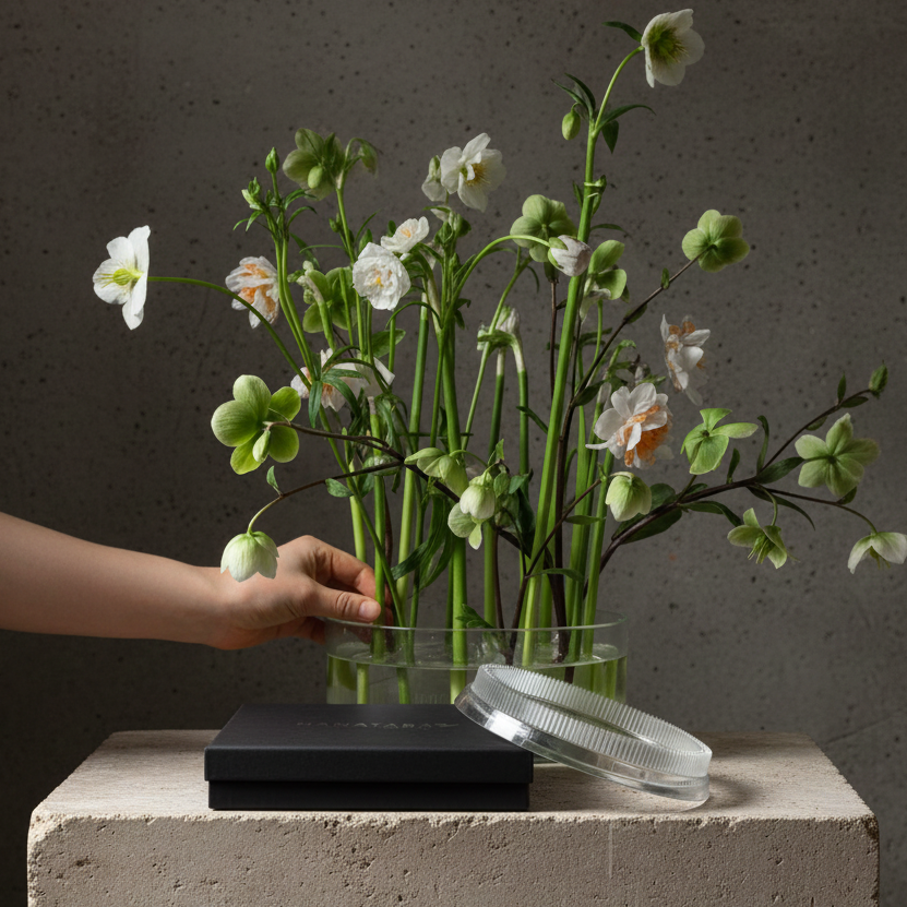 Hand holding a flower stem with white flowers in a clear vase stuck onto a acrylic kenzan ring 150 mm  on a concrete block against a dark background