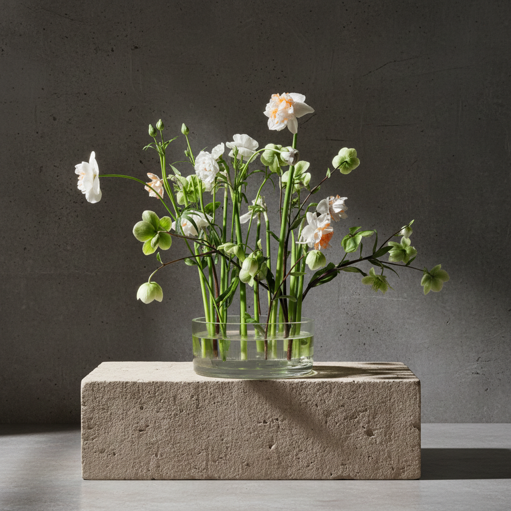 Kenzan ring 150 mm floral arrangement in a clear glass cylinder vase