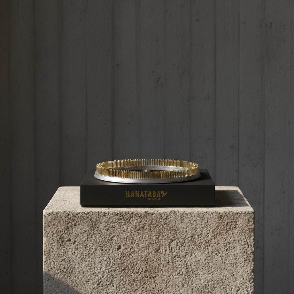 Kenzan 200 mm flower frog ring on a stone block with a dark background