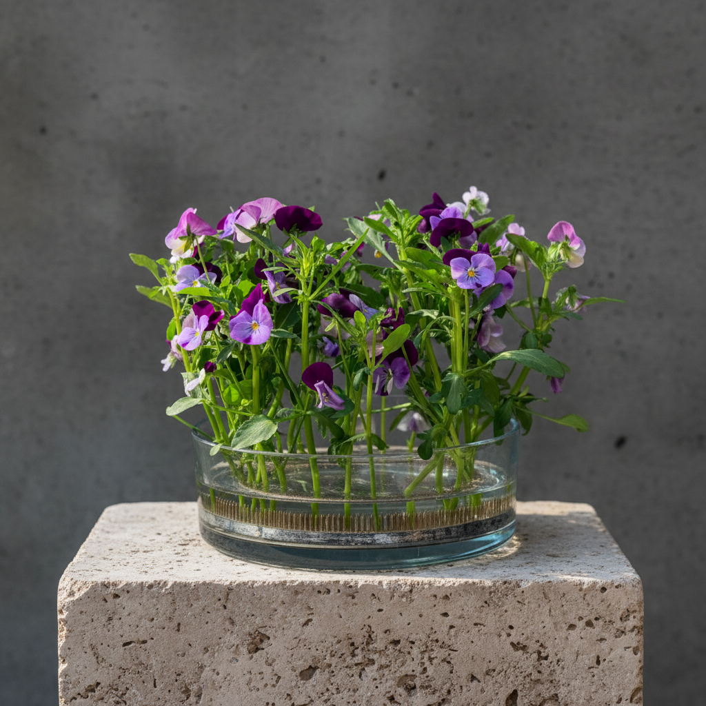 Hanataba Kenzan ring 200 mm (7 \ 7/8") with pink flowers on a stone block in front of a dark grey background