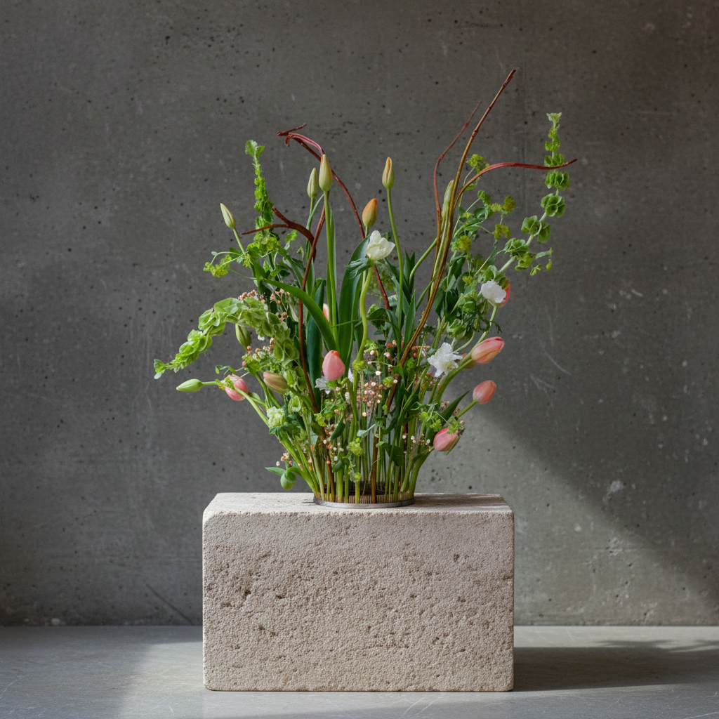 Hanataba Kenzan ring 200 mm (7 \ 7/8") tulip flower arrangement on a stone block in front of a dark grey background
