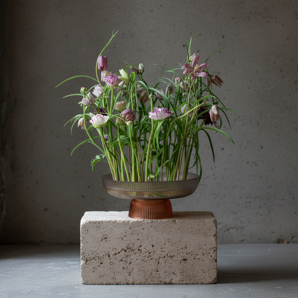 Hanataba Kenzan ring 200 mm (7 \ 7/8") purple flower arrangement on a stone block in front of a dark grey background