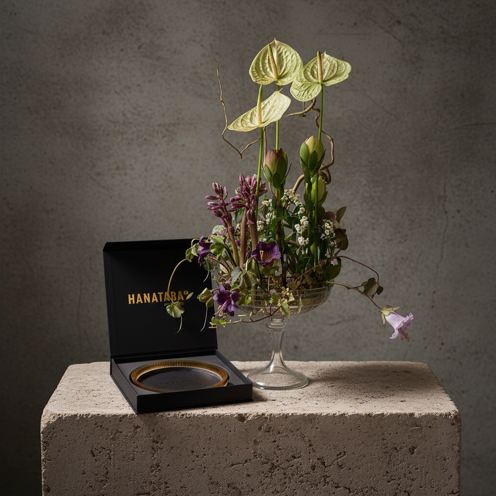 Hanataba Kenzan ring 200 mm (7 \ 7/8") flower arrangement in a glass vase piedestal staning on a stone block in front of a dark grey background