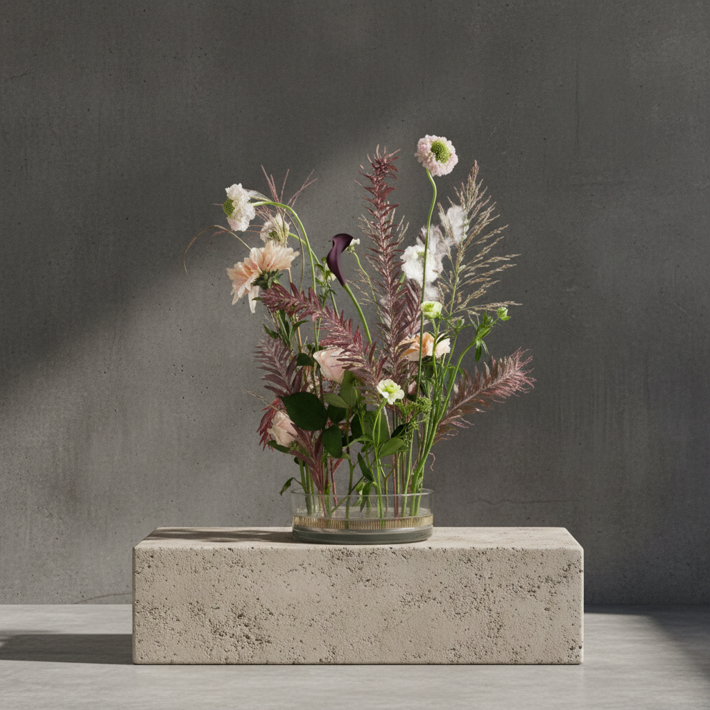 Glass vase with flowers on a hanataba kenzan ring 200 mm on a concrete block against a dark gray wall