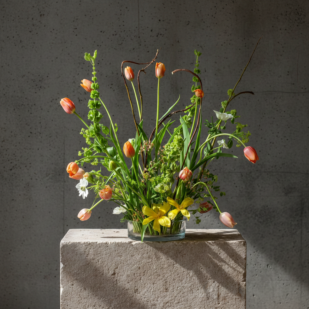 Hanataba Kenzan ring 200 mm (7 \ 7/8") tulip and green flower arrangement on a stone block in front of a dark grey background