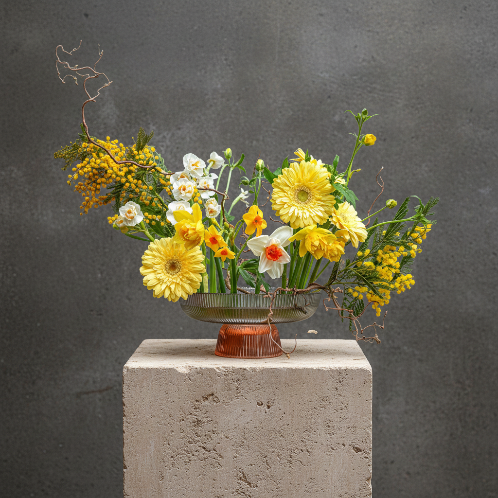 Hanataba Kenzan ring 200 mm (7 \ 7/8") flower arrangements with yellow flowers on a stone block in front of a dark grey background