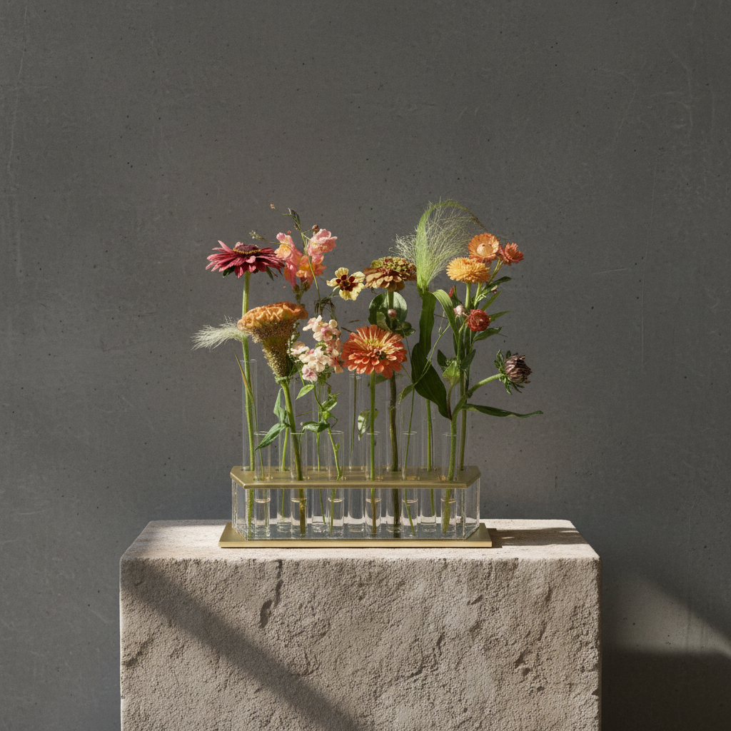Glass vase with flowers on a stone pedestal against a dark background