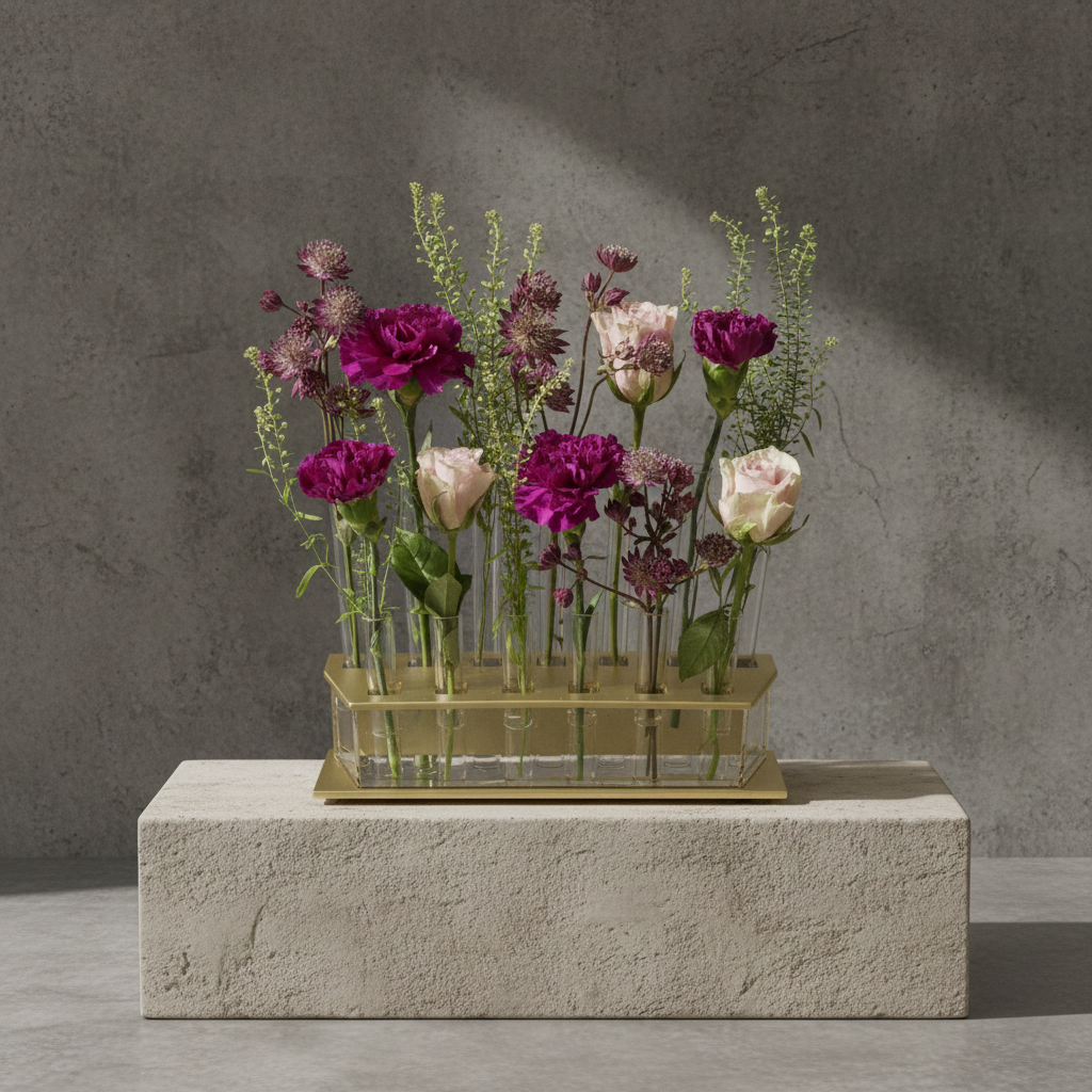 Decorative arrangement of flowers in glass vials on a stone platform with a gray background