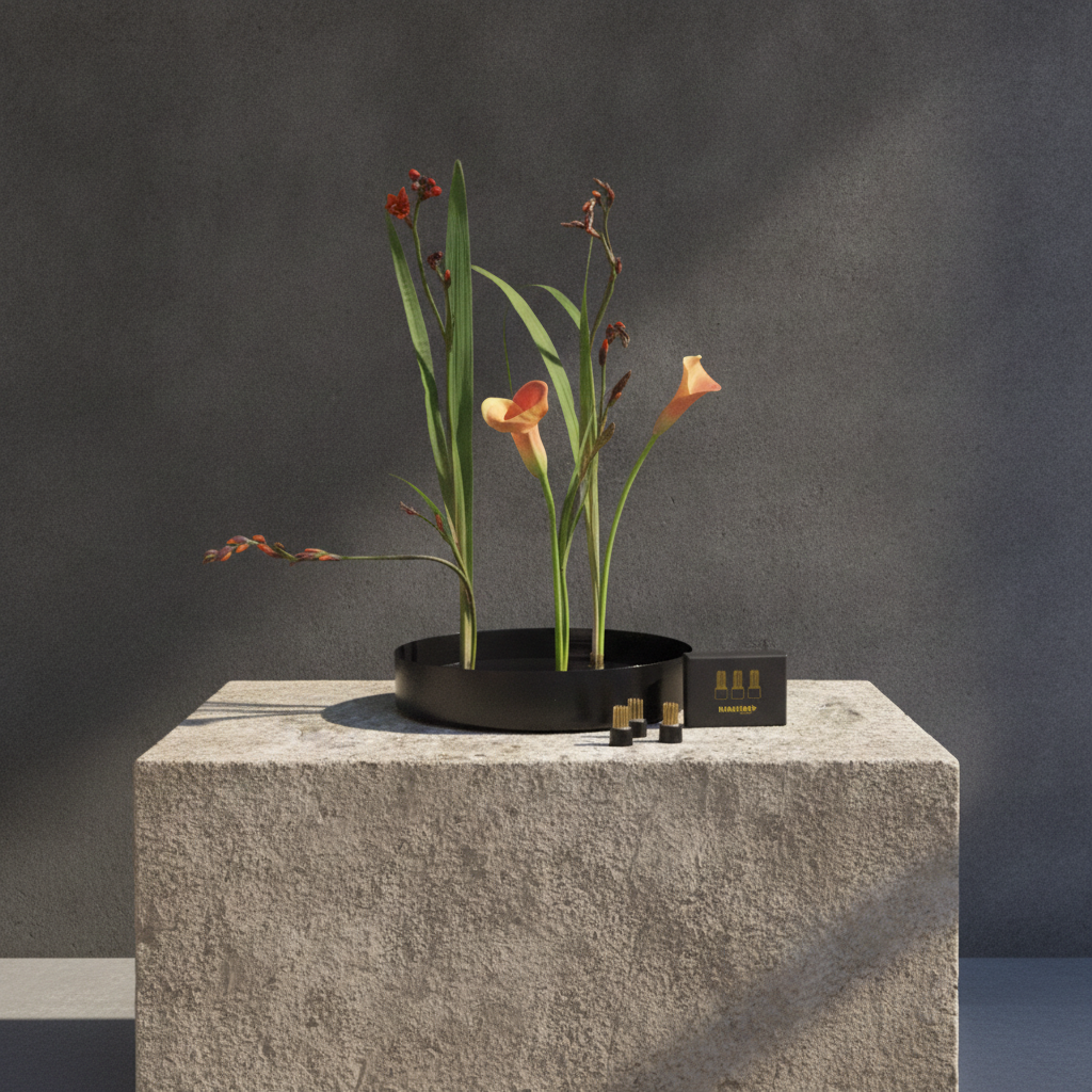 Three small Hanataba Magnetic Mini Kenzan sit on a textured gray stone pedestal next to a black round metal plate containing three orange calla lilies, set against a dark gray textured wall.
