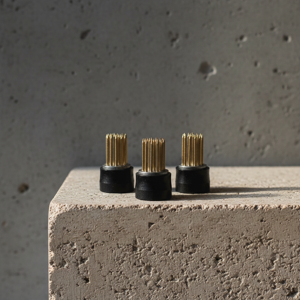 Three black cylindrical magnetic mini kenzans with gold spikes on a concrete surface.