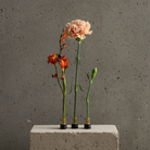 Three flowers on three small magnetic mini kenzans on a concrete block with a gray background