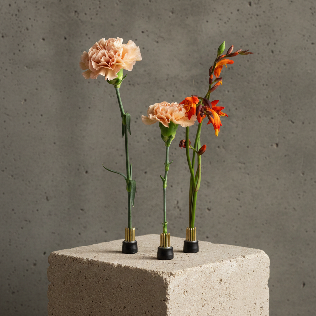 Three small floral arrangements stuck onto magnetic mini kenzan on a concrete block with a gray background