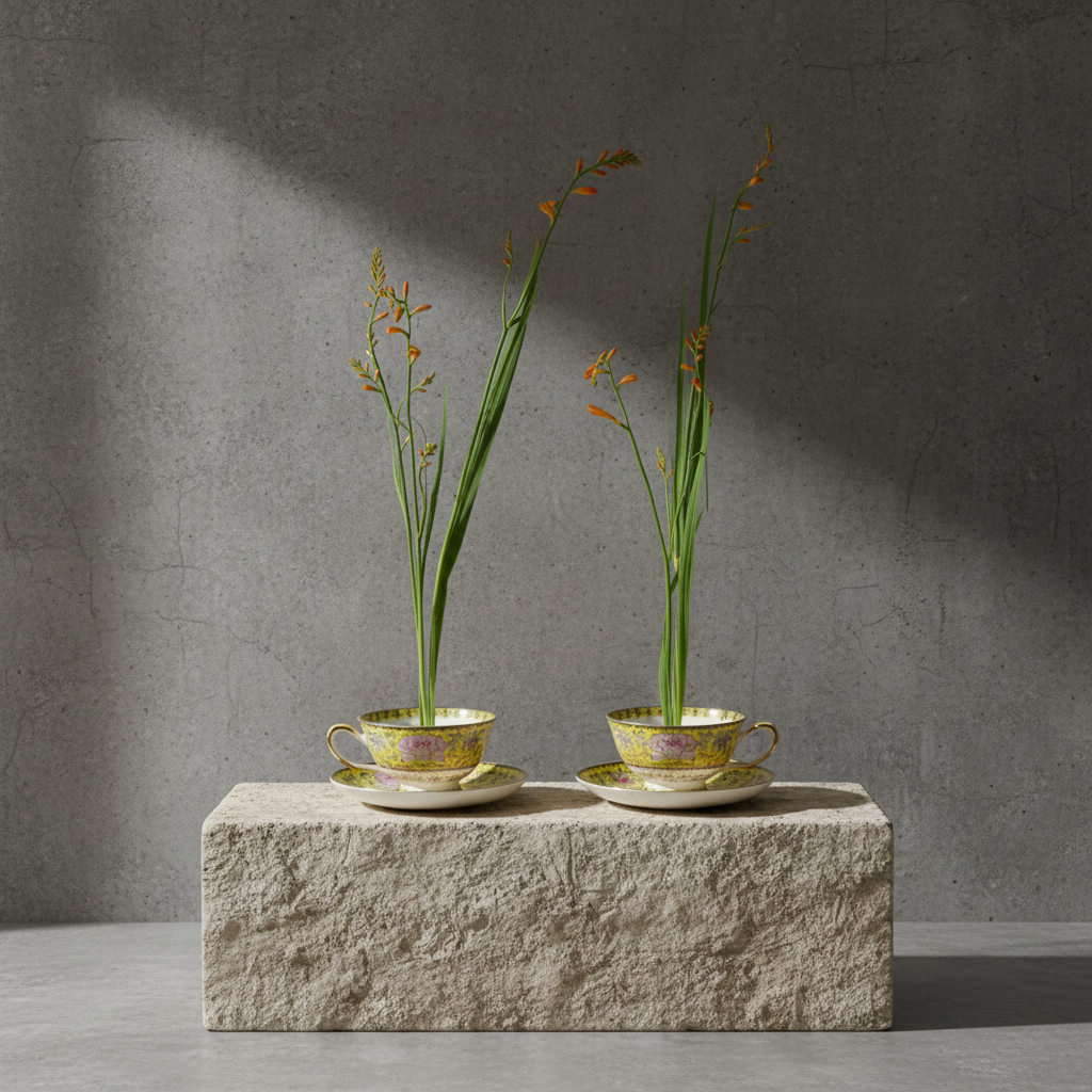 Two minimalistic flower arrangements using magnetic mini kenzan inside two vintage tea cups
