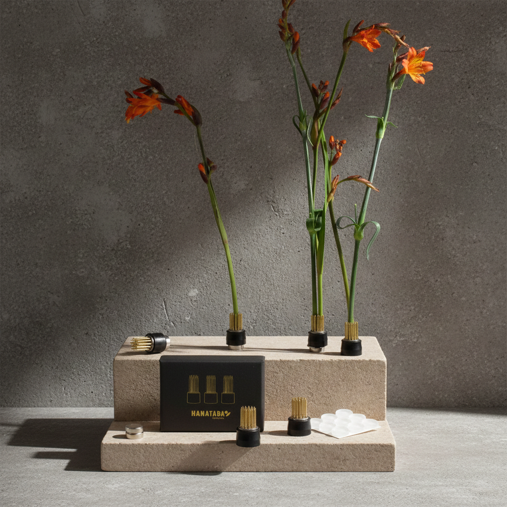 Hanataba magnetic mini kenzan set with flowers on a stone platform against a gray background