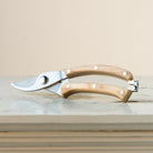 Hanataba garden pruners with wooden handles on a light surface
