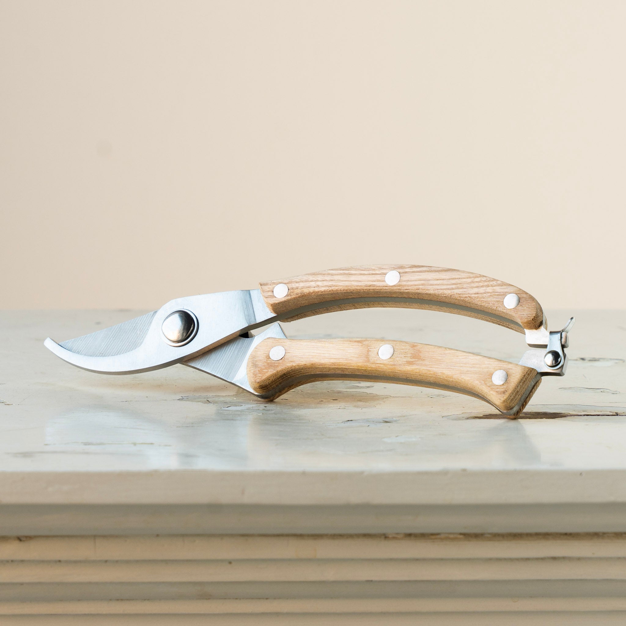 Hanataba garden pruners with wooden handles on a light surface