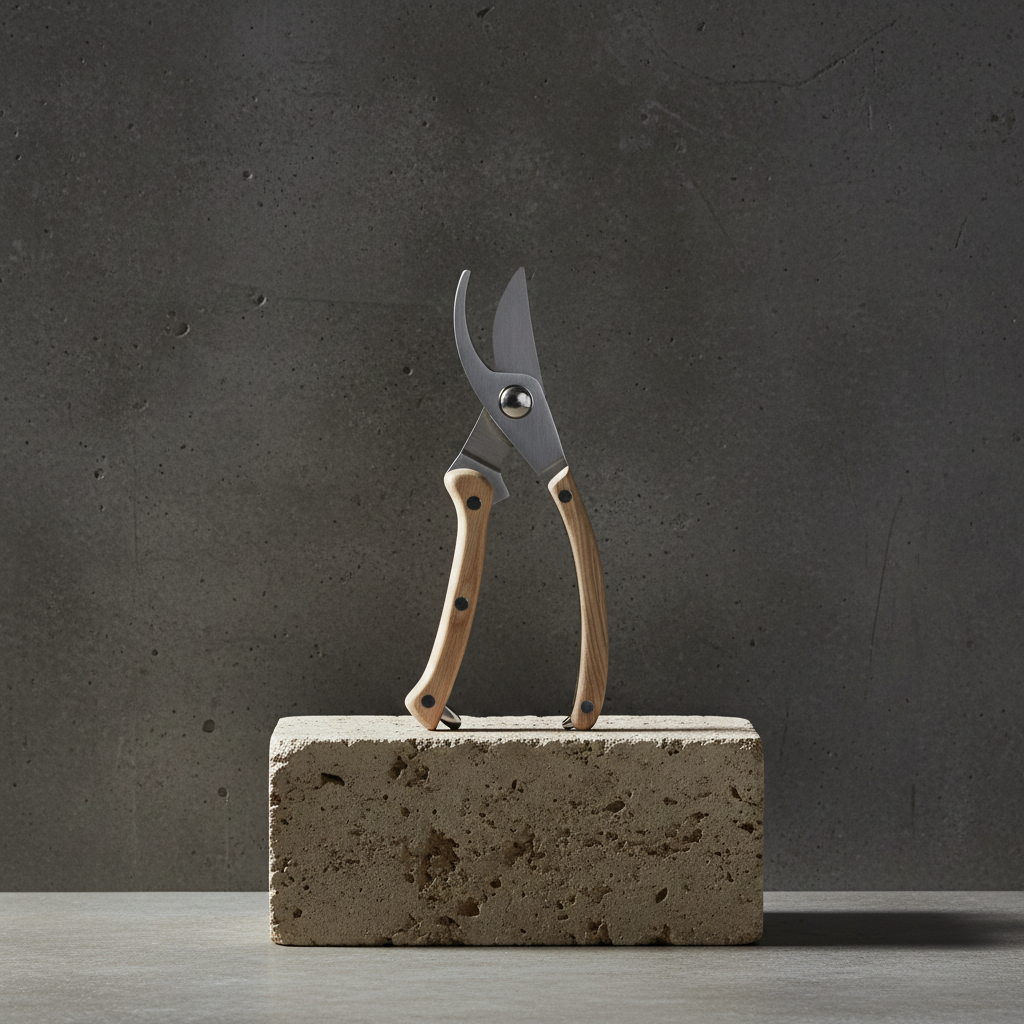 Pruning shears on a concrete block against a dark gray background