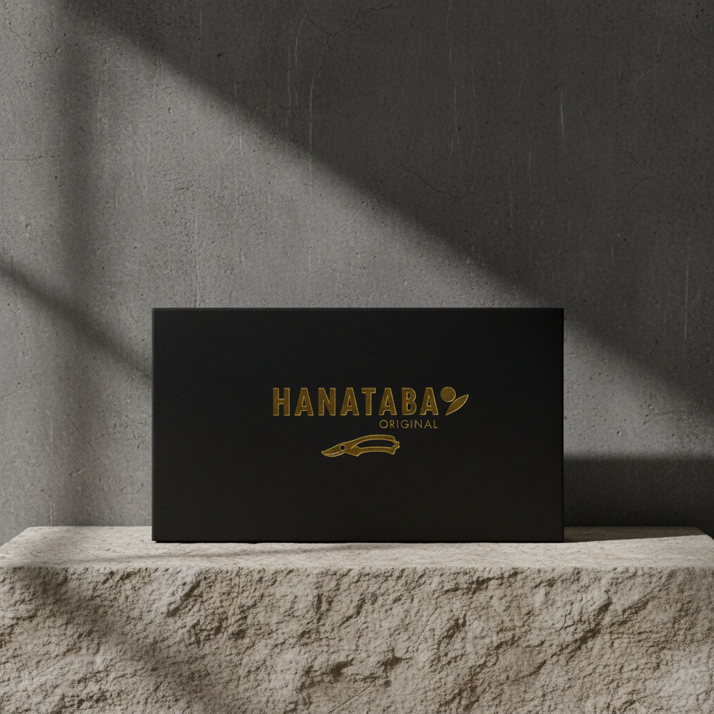 Black box with 'HANATABA' logo on a stone surface with a gray background