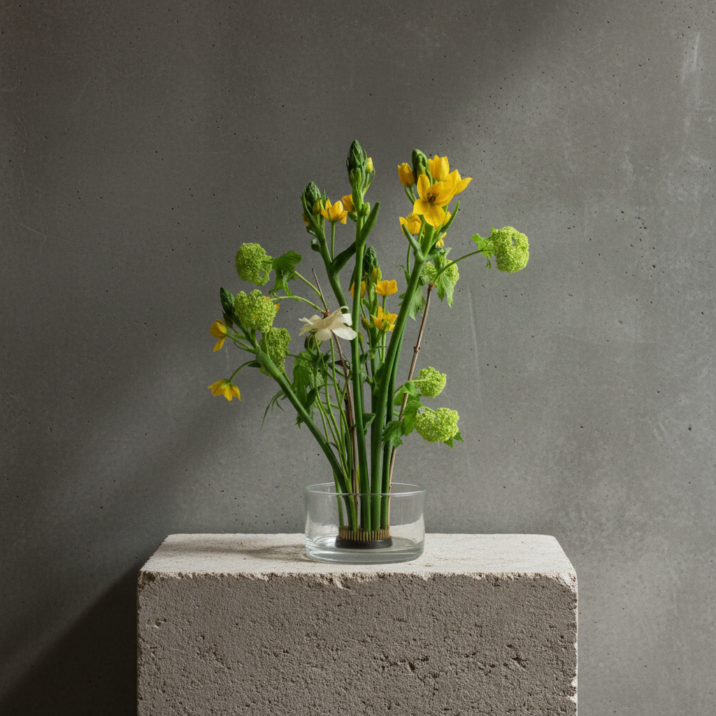 Glass vase with yellow and green flowers on a hanataba kenzan 70 mm standing on a concrete block against a gray background