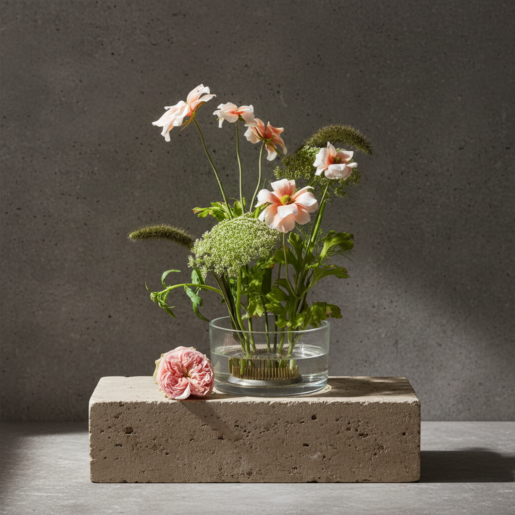 Glass vase with flowers on a kenzan 70 mm ring standing on a concrete block against a gray background
