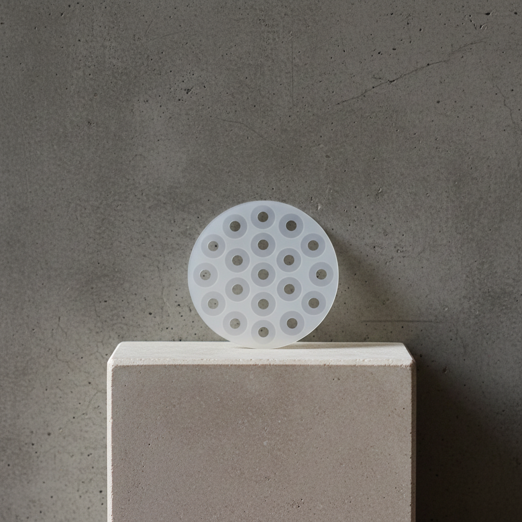 Hanataba silicon large silicon disc used for securing flower stems while arraning flowers with hanataba bouquet twister flower holder. Standing och a stone piedestal against a grey concrete background 