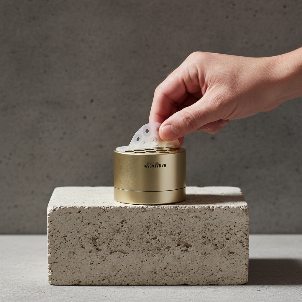 A hand attaching a white silicone disc into a champagne gold Hanataba boquet twister flower holder, showcasing the device's innovative design