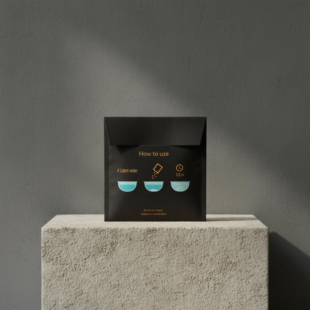 Black packaging with instructions on how to use waterbubbles, showing water and time requirements.